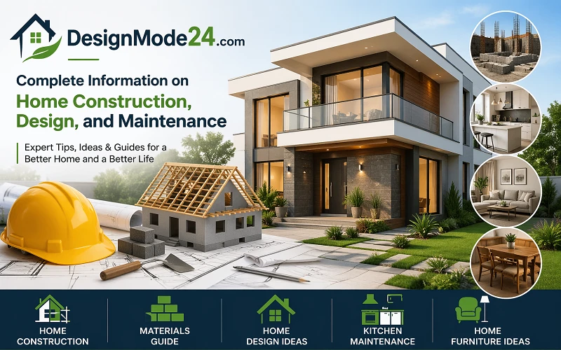 Modern home construction and design concept with architectural house, building materials, kitchen, furniture, and maintenance ideas banner for DesignMode24.com