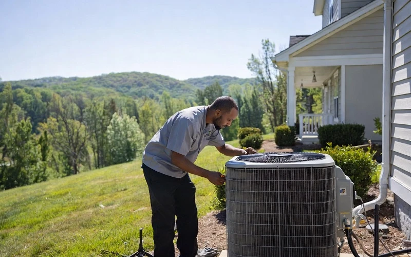 HVAC technician performing seasonal maintenance on outdoor AC unit at East Tennessee home near Athens